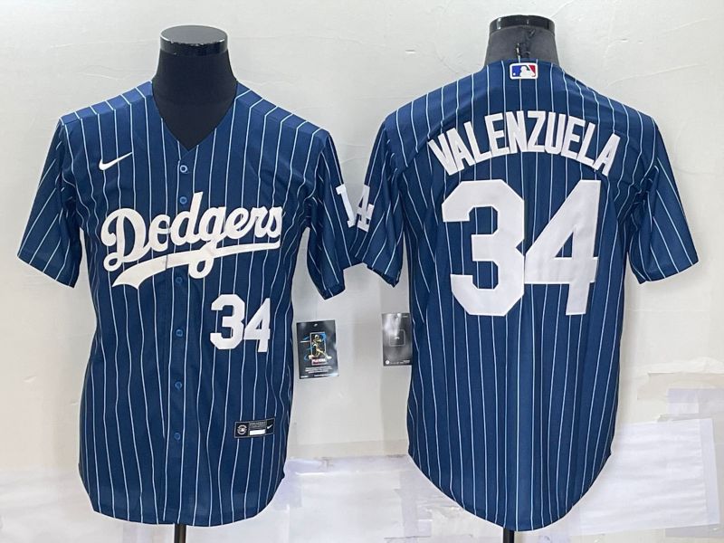 Men Los Angeles Dodgers #34 Valenzuela Blue Stripe Throwback Nike 2022 MLB Jersey1->los angeles dodgers->MLB Jersey